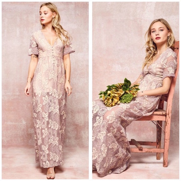 A Semi-sheer Floral Lace Lavender Maxi Dress - Picture 4 of 8